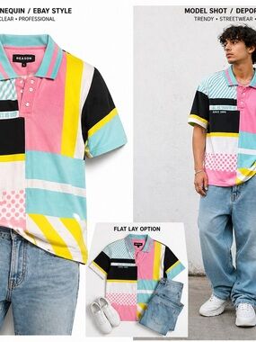 Reason Clothing Brand Graphic Polo Shirt L  #y2k#streetwear#colorblock#skater